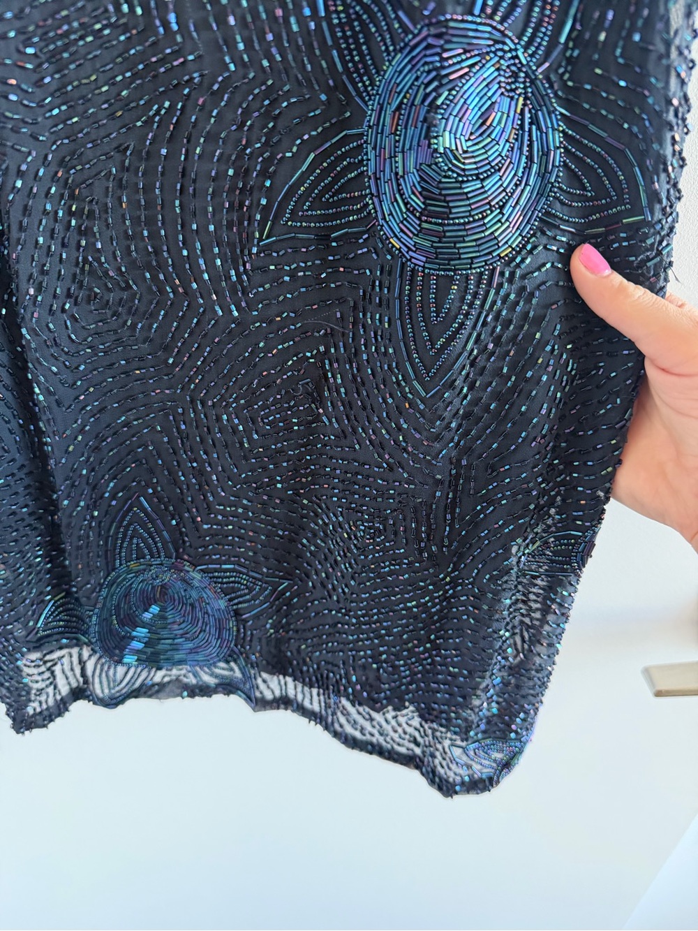 Vintage Holt Renfrew Silk Beaded Navy Dress with Scarf BLACKTIE OLEG CASSINI - Picture 3 of 10